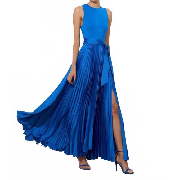 NEW ALICE + OLIVIA chara pleated maxi dress in true blue